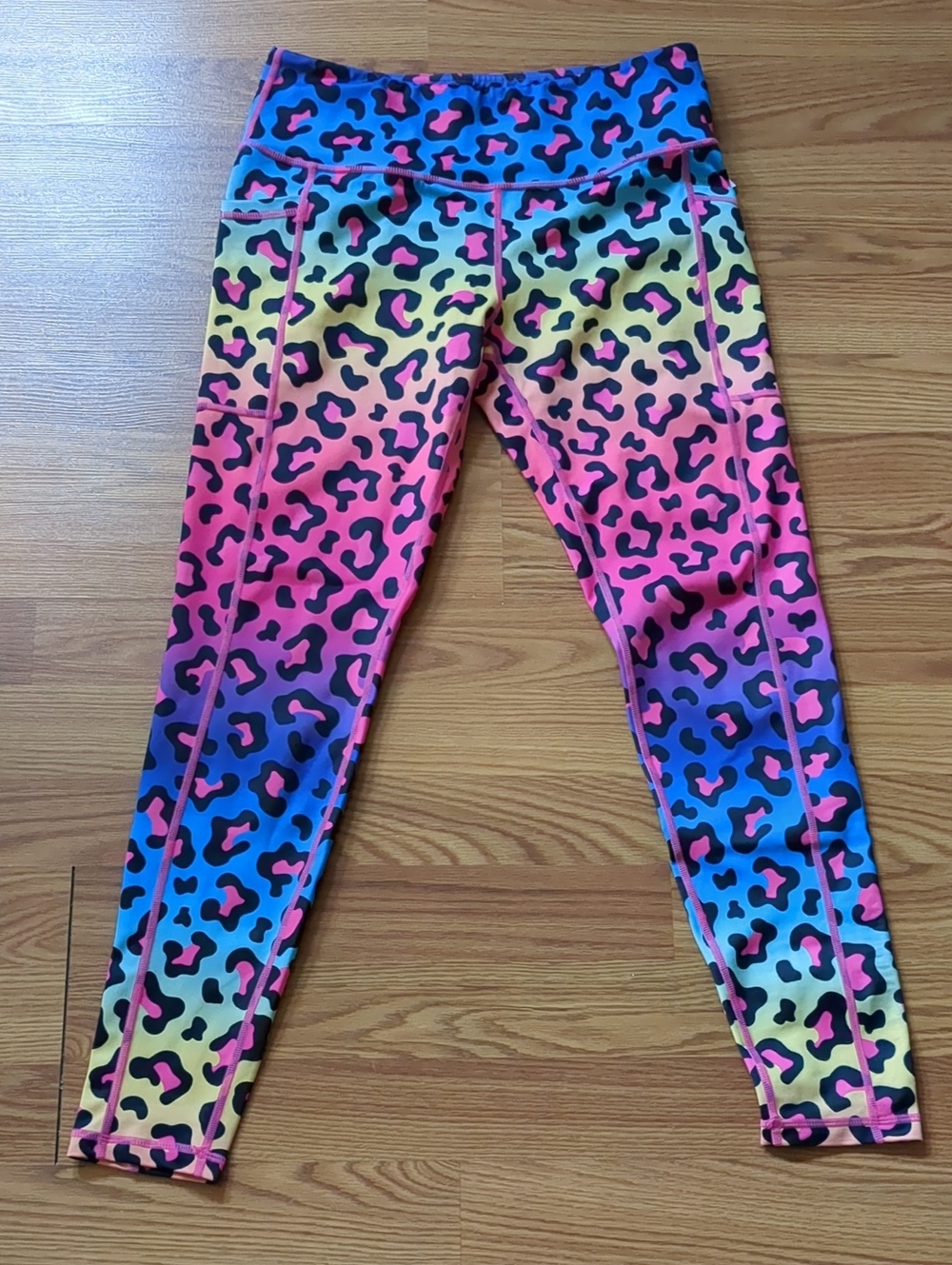 CVG Rainbow Leopard Print Leggings High Waist Athletic Workout Pockets Y2K Neon